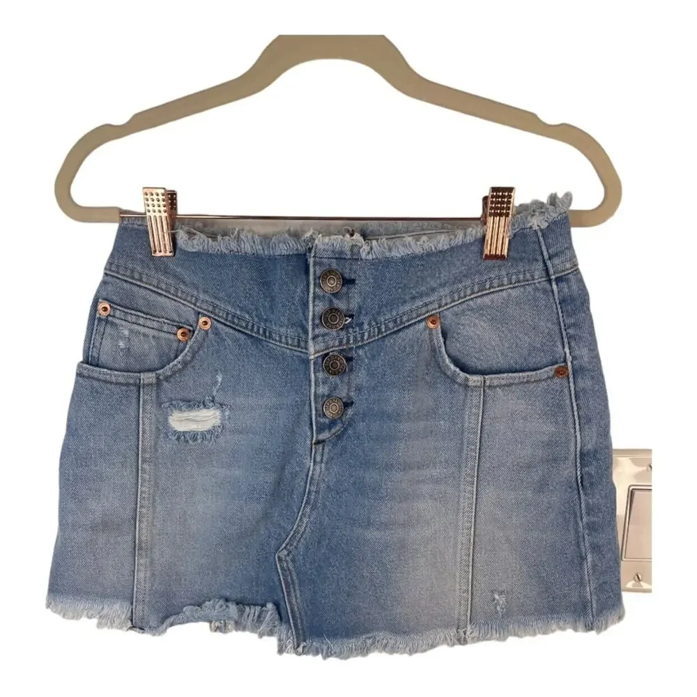 SER.O.YA Keenan Skirt Denim Distressed Raw Hem Y2K Summer Spring 100% Cotton 25